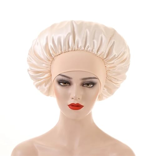 Seidenhaube Zum Schlafen Satin-Seiden-Haarhaube for schlafende Frauen, breite Krempe, Schlafmütze, Haarhaube for lockiges Haar, Duschhaube, Kinder und Männer FüR Seide(Cream) von LOVSSU