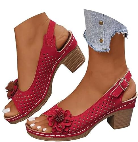 LOWVEDGK Buckled Square Heel Sandals for Women, Peep Toe Cutout Chunky Heeled Sandal Low Slingback Peep Toe Dress Sandals Wedge Shoes (Red,38 EU) von LOWVEDGK