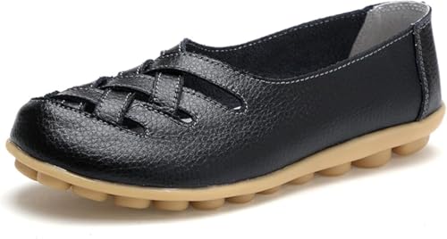 LOWVEDGK Orthopedic Loafers in Breathable Leather Comfortable Hollow Soft Flats Sandals Summer Casual Slip-On Shoes (Black,41 EU) von LOWVEDGK