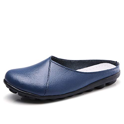 LOWVEDGK Women's Leather Mules Backless Loafers Slip-on Round Toe Flat Shoes Closed Toe Comfortable Summer Slipper Non-Slip Flat Shoes (Blue,38 EU) von LOWVEDGK