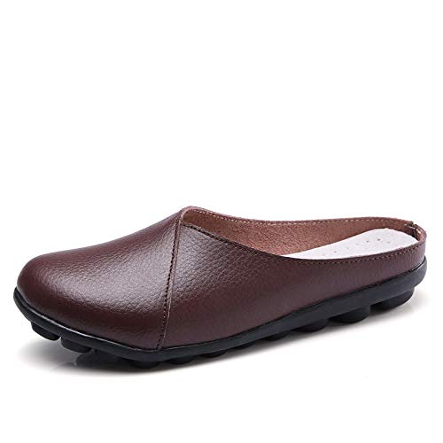 LOWVEDGK Women's Leather Mules Backless Loafers Slip-on Round Toe Flat Shoes Closed Toe Comfortable Summer Slipper Non-Slip Flat Shoes (Brown,38 EU) von LOWVEDGK