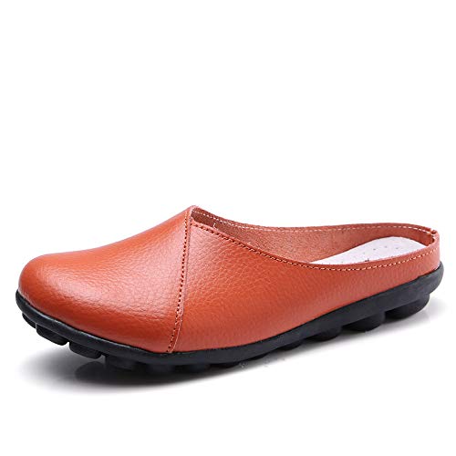 LOWVEDGK Women's Leather Mules Backless Loafers Slip-on Round Toe Flat Shoes Closed Toe Comfortable Summer Slipper Non-Slip Flat Shoes (Orange,38 EU) von LOWVEDGK