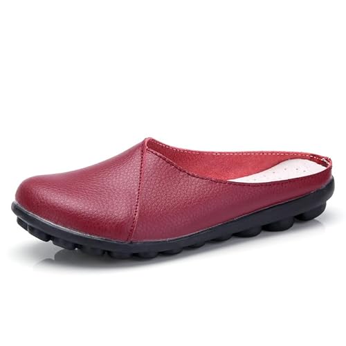 LOWVEDGK Women's Leather Mules Backless Loafers Slip-on Round Toe Flat Shoes Closed Toe Comfortable Summer Slipper Non-Slip Flat Shoes (Red,42 EU) von LOWVEDGK