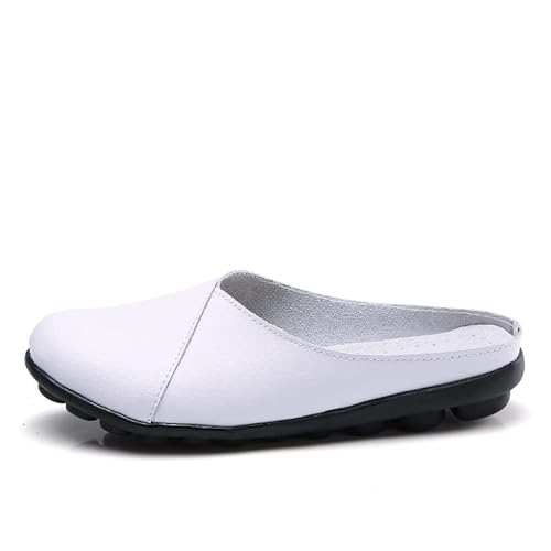 LOWVEDGK Women's Leather Mules Backless Loafers Slip-on Round Toe Flat Shoes Closed Toe Comfortable Summer Slipper Non-Slip Flat Shoes (White,37 EU) von LOWVEDGK