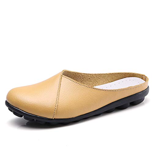 LOWVEDGK Women's Leather Mules Backless Loafers Slip-on Round Toe Flat Shoes Closed Toe Comfortable Summer Slipper Non-Slip Flat Shoes (Yellow,38 EU) von LOWVEDGK