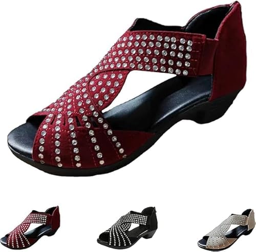 Orthopedic Low Heel Cut-Out Sandal, Summer Orthopedic Open Toe Sandals, Peep Toe Cutout Zipper Chunky Heeled Sandals (Red,41) von LOWVEDGK