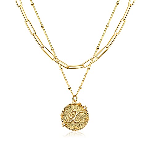 LOYATA Geschichtete Choker-Halskette, Gold-Stern, Initialen-Münz-Anhänger, 2-lagiger Diamant, Zirkonia, 14 Karat vergoldet, zierliche Satelliten-Büroklammer-Kette, personalisiertes Schmuckgeschenk für LOYATA Geschichtete Choker-Halskette, Gold-Stern, Initialen-Münz-Anhänger, 2-lagiger Diamant, Zirkonia, 14 Karat vergoldet, zierliche Satelliten-Büroklammer-Kette, personalisiertes Schmuckgeschenk für von LOYATA