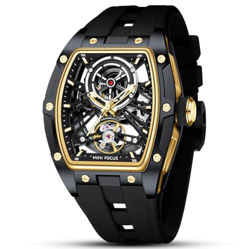 LOYEWAIER Einzigartige Herrenuhren 5 ATM Wasserdicht Automatische Mechanische Uhr Luxuriöse Skelett-Tonneau-Uhren Für Herren Mit Edelstahlgehäuse Und Silikonband (D-Gold) von LOYEWAIER