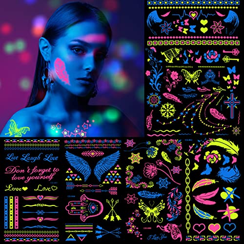 7 Blatt Neon Temporär Tattoos UV Tätowierung Aufkleber Körper Gesicht Haut Glänzend Tattoo Gefälscht Leuchtend Tattoo Wasserfest Tattoo Sticker für Frauen Mädchen Neon Party (Stilvoll Stil) von LOYIM