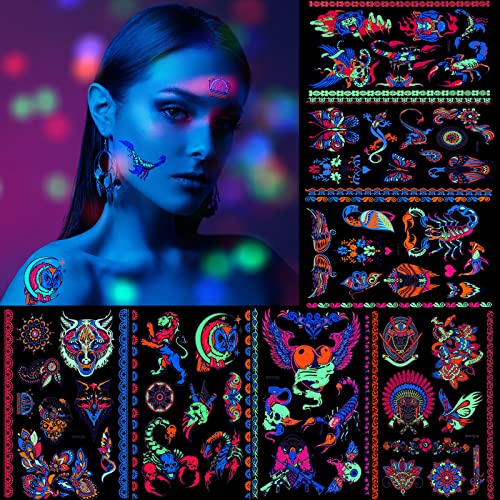 7 Blatt Neon Temporär Tattoos UV Tätowierung Aufkleber Körper Gesicht Haut Glänzend Tattoo Gefälscht Leuchtend Tattoo Wasserfest Tattoo Sticker für Frauen Mädchen Neon Party (Exotisch Stil) von LOYIM