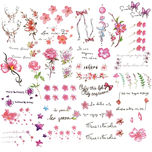 LOYIM 30 Blatt Aquarell Temporäre Tattoos Frauen Blumen Rosa Fake Tattoos Aufkleber Wasserfeste Erwachsene Kinder Festival Tattoo zum Aufkleben auf die Haut Arm Gesicht Nacken Hand von LOYIM