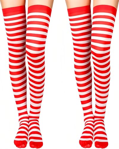 LOZTBUE 2 Paar gestreifte Kniestrümpfe Gestreifte Kniestrümpfe Gestreifte Damenstrümpfe Rote und weiße Baumwoll-Kniestrümpfe Weihnachts-Kniestrümpfe von LOZTBUE