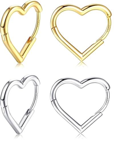 LOZTBUE 2 Stück Herzförmige Creolen 925er Silber Damen Mädchen 14K Kleine Ohrringe Gold Ohrhänger Herzförmige Creolen Ohrhänger Roségold-Ohrringe Silberne Damenohrringe 16 mm von LOZTBUE