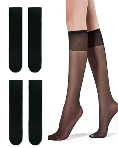 LOZTBUE 4 Paar Nylonstrümpfe, durchsichtige Damenstrümpfe, 20D Feinstrümpfe, verstärkte Spitze, dehnbare weiche Nylonstrümpfe für Damen und Mädchen (schwarz/hautfarben) (63) von LOZTBUE