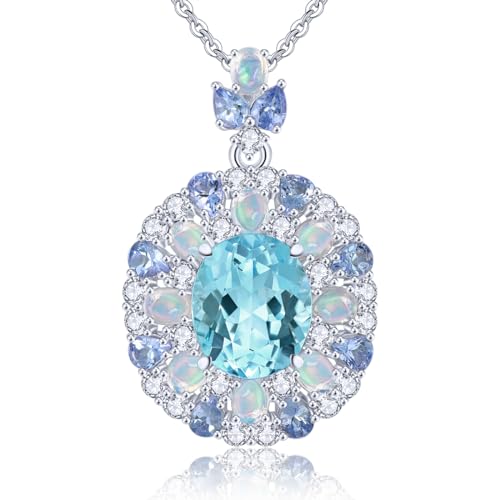 LP LOHASPIE Anhänger Halskette für Frauen Mädchen S925 Sterling Silber Natürlicher Edelstein Sky Blue Topas Opal Blau Tansanit Geburtsstein Elegante Rhodium überzogene Charm Feiner Schmuck (Bunt) von LP LOHASPIE