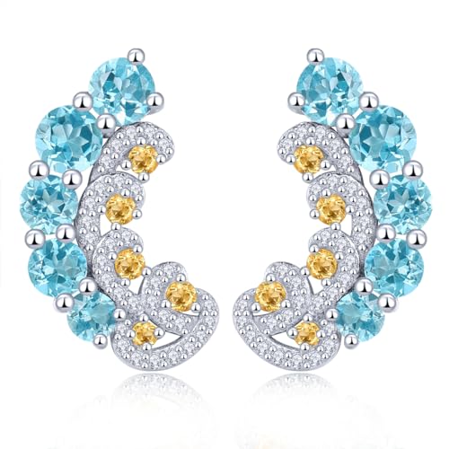 LP LOHASPIE Chinesischer Stil Ohrstecker für Frauen Schraube zurück S925 Sterling Silber Natürlicher Edelstein Granat Swiss Blue Topas Citrin Studs Rhodium überzogener feiner Schmuck (Blau+Gelb) von LP LOHASPIE