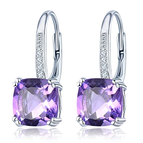 LP LOHASPIE Damen-Ohrclips Sterlingsilber Massiv 925 Fassung Lila Blau Rot Grün Weiß Kissenschliff Natürlicher Edelstein Rhodiniert Feiner Schmuck Geschenke Ohrring für Sie (Natürlicher Amethyst) von LP LOHASPIE