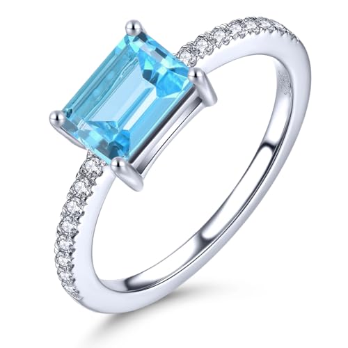 LP LOHASPIE Edelsteinringe für Damen Mädchen Massive 925er Sterlingsilberfassung Natürlicher Aquamarin Glänzender Kubisches Zirkonia Rhodiniert Edler Schmuck Geschenke für Sie (Blau, US-Größe 6) von LP LOHASPIE