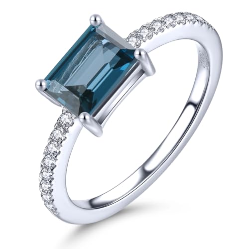 LP LOHASPIE Edelsteinringe für Damen Mädchen Massive 925er Sterlingsilberfassung Natürlicher Aquamarin Glänzender Kubisches Zirkonia Rhodiniert Edler Schmuck Geschenke für Sie (Dunkelblau, US-Größe 7) von LP LOHASPIE