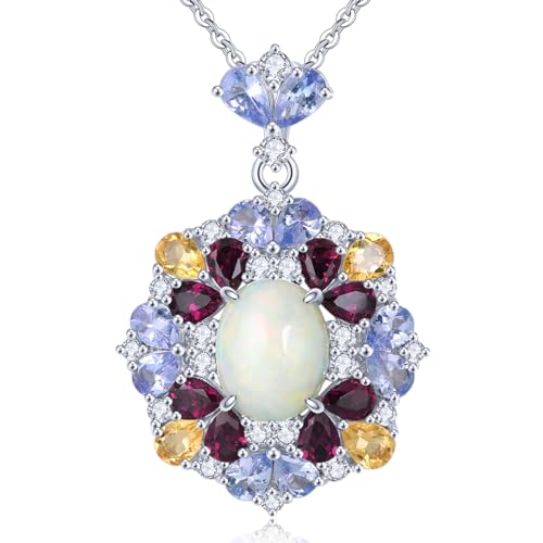 LP LOHASPIE Natürliche Opal Anhänger Halskette für Frauen Mädchen S925 Sterling Silber Edelstein Citrin Rhodolit Granat Blau Tanzanit Geburtsstein Rhodium überzogene Charm Feine Schmuck (Bunt) von LP LOHASPIE