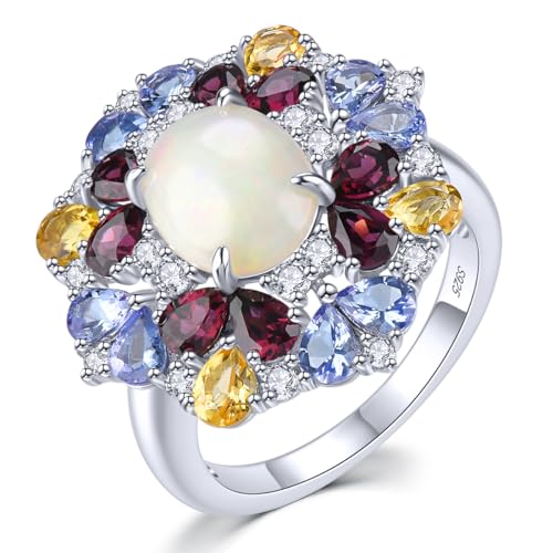 LP LOHASPIE Natürliche Opal Ringe für Frauen S925 Sterling Silber mit blauem Tansanit Citrin Rhodolith Granat Versprechen Ring Rhodium überzogener eleganter feiner Schmuck (Bunt, P 1/2) von LP LOHASPIE