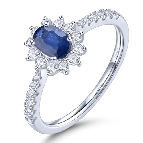 LP LOHASPIE Natürliche Smaragd Ringe für Frauen Mädchen S925 Sterling Silber Edelstein Blau Saphir Birthstone Versprechen Ring Rhodium überzogener feiner Schmuck (Blauer Saphir, R 1/2) von LP LOHASPIE