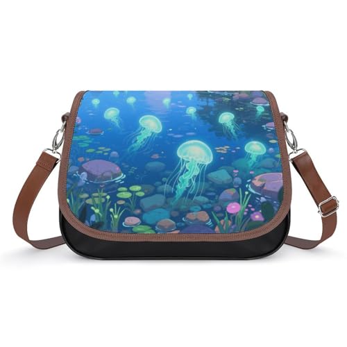 Fluoreszierende Quallen-See-Crossbody-Tasche für Damen, abnehmbare Träger und Reißverschluss, Leder-Schultertaschen, Damen-Handtaschen, Clutch-Geldbörse von LPAGBCNU