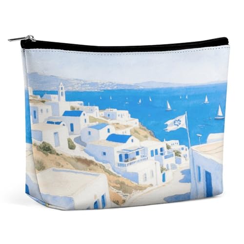 Wasserdichte Reise-Make-up-Tasche, Organizer, PU-Leder, Blau und Weiß, Kosmetiktasche, kleiner Kulturbeutel, niedlich, tragbare Reißverschlusstasche für Damen und Herren, Reisezubehör Wasserdichte Reise-Make-up-Tasche, Organizer, PU-Leder, Blau und Weiß, Kosmetiktasche, kleiner Kulturbeutel, niedlich, tragbare Reißverschlusstasche für Damen und Herren, Reisezubehör von LPAGBCNU