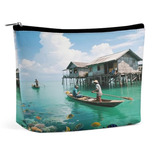 Wasserdichte Reise-Make-up-Tasche, Organizer, PU-Leder, Dörfer auf dem Meer, Kosmetiktasche, kleiner Kulturbeutel, niedlich, tragbare Reißverschlusstasche für Damen und Herren, Reisezubehör Wasserdichte Reise-Make-up-Tasche, Organizer, PU-Leder, Dörfer auf dem Meer, Kosmetiktasche, kleiner Kulturbeutel, niedlich, tragbare Reißverschlusstasche für Damen und Herren, Reisezubehör von LPAGBCNU