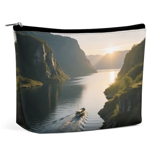 Wasserdichte Reise-Make-up-Tasche, Organizer, PU-Leder, Fjord unter der Sonne, Kosmetiktasche, kleiner Kulturbeutel, niedlich, tragbare Reißverschlusstasche für Damen und Herren, Reisezubehör Wasserdichte Reise-Make-up-Tasche, Organizer, PU-Leder, Fjord unter der Sonne, Kosmetiktasche, kleiner Kulturbeutel, niedlich, tragbare Reißverschlusstasche für Damen und Herren, Reisezubehör von LPAGBCNU