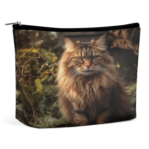 Wasserdichte Reise-Make-up-Tasche, Organizer, PU-Leder, Katze, die in Busch-Kosmetiktaschen sitzt, kleiner Kulturbeutel, niedlich, tragbare Reißverschlusstasche für Damen und Herren, Reisezubehör Wasserdichte Reise-Make-up-Tasche, Organizer, PU-Leder, Katze, die in Busch-Kosmetiktaschen sitzt, kleiner Kulturbeutel, niedlich, tragbare Reißverschlusstasche für Damen und Herren, Reisezubehör von LPAGBCNU