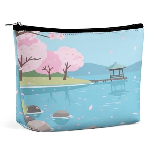 Wasserdichte Reise-Make-up-Tasche, Organizer, PU-Leder, Kirschblüten-Kosmetiktasche, kleiner Kulturbeutel, niedlich, tragbare Reißverschlusstasche für Damen und Herren, Reisezubehör von LPAGBCNU