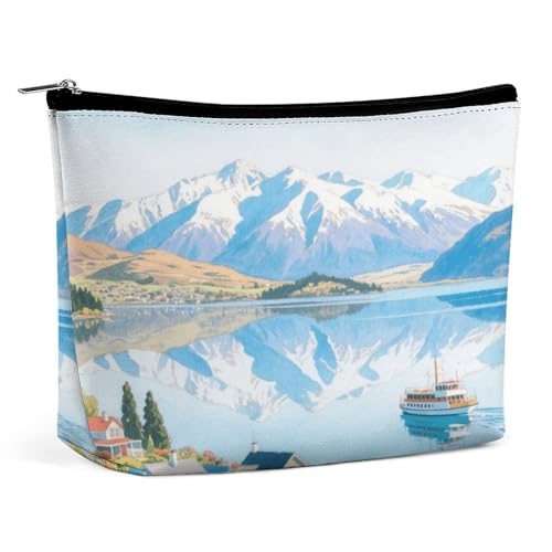 Wasserdichte Reise-Make-up-Tasche, Organizer, PU-Leder, See- und schneebedeckte Berge, Kosmetiktasche, kleiner Kulturbeutel, niedlich, tragbare Reißverschlusstasche für Damen und Herren, Reisezubehör Wasserdichte Reise-Make-up-Tasche, Organizer, PU-Leder, See- und schneebedeckte Berge, Kosmetiktasche, kleiner Kulturbeutel, niedlich, tragbare Reißverschlusstasche für Damen und Herren, Reisezubehör von LPAGBCNU