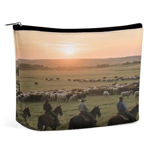 Wasserdichte Reise-Make-up-Tasche, Organizer, PU-Leder, Sonnenuntergang auf der Cowboy-Ranch-Kosmetiktasche, kleiner Kulturbeutel, niedlich, tragbare Reißverschlusstasche für Damen und Herren Wasserdichte Reise-Make-up-Tasche, Organizer, PU-Leder, Sonnenuntergang auf der Cowboy-Ranch-Kosmetiktasche, kleiner Kulturbeutel, niedlich, tragbare Reißverschlusstasche für Damen und Herren von LPAGBCNU