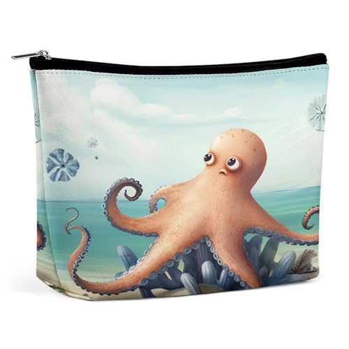 Wasserdichte Reise-Make-up-Tasche, Organizer, PU-Leder, Strand, Oktopus, Seestern, Kosmetiktasche, kleine Kulturbeutel, niedlich, tragbare Reißverschlusstasche für Damen und Herren, Reisezubehör Wasserdichte Reise-Make-up-Tasche, Organizer, PU-Leder, Strand, Oktopus, Seestern, Kosmetiktasche, kleine Kulturbeutel, niedlich, tragbare Reißverschlusstasche für Damen und Herren, Reisezubehör von LPAGBCNU