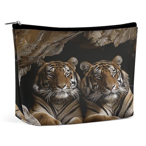 Wasserdichte Reise-Make-up-Tasche, Organizer, PU-Leder, Tiger in Höhle, Kosmetiktasche, kleiner Kulturbeutel, niedlich, tragbare Reißverschlusstasche für Damen und Herren, Reisezubehör Wasserdichte Reise-Make-up-Tasche, Organizer, PU-Leder, Tiger in Höhle, Kosmetiktasche, kleiner Kulturbeutel, niedlich, tragbare Reißverschlusstasche für Damen und Herren, Reisezubehör von LPAGBCNU