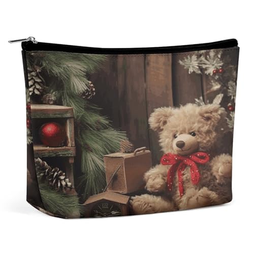 Wasserdichte Reise-Make-up-Tasche, Organizer, PU-Leder, Weihnachtsbaum, Zweig, Bär, Puppe, Kosmetiktasche, niedlich, tragbare Reißverschlusstasche für Damen und Herren, Reisezubehör von LPAGBCNU