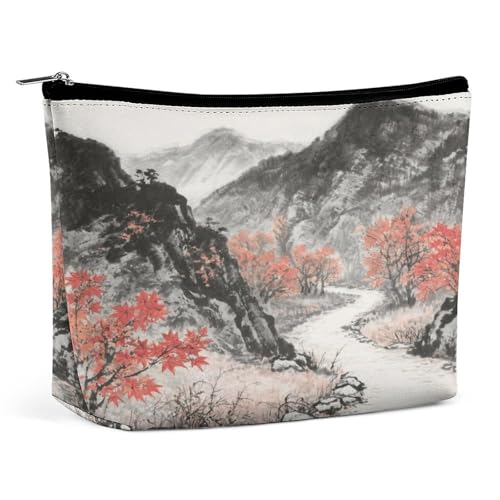 Wasserdichte Reise-Make-up-Tasche, Organizer, PU-Leder, alte Straße in den Herbstbergen, Kosmetiktasche, kleiner Kulturbeutel, niedlich, tragbare Reißverschlusstasche für Damen und Herren von LPAGBCNU