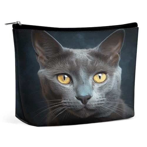 Wasserdichte Reise-Make-up-Tasche, Organizer, PU-Leder, graue Katzenstarren, Kosmetiktasche, kleine Kulturtasche, niedlich, tragbare Reißverschlusstasche für Damen und Herren, Reisezubehör Wasserdichte Reise-Make-up-Tasche, Organizer, PU-Leder, graue Katzenstarren, Kosmetiktasche, kleine Kulturtasche, niedlich, tragbare Reißverschlusstasche für Damen und Herren, Reisezubehör von LPAGBCNU