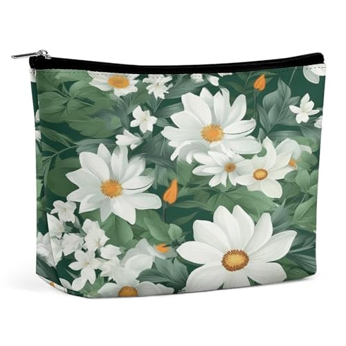 Wasserdichte Reise-Make-up-Tasche, Organizer, PU-Leder, grüne Blätter und weiße Blumen, Kosmetiktasche, kleiner Kulturbeutel, niedlich, tragbare Reißverschlusstasche für Damen und Herren, Reisezubehör Wasserdichte Reise-Make-up-Tasche, Organizer, PU-Leder, grüne Blätter und weiße Blumen, Kosmetiktasche, kleiner Kulturbeutel, niedlich, tragbare Reißverschlusstasche für Damen und Herren, Reisezubehör von LPAGBCNU