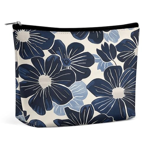 Wasserdichte Reise-Make-up-Tasche, Organizer, PU-Leder, marineblaue Blumen, Kosmetiktasche, kleiner Kulturbeutel, niedlich, tragbare Reißverschlusstasche für Damen und Herren, Reisezubehör Wasserdichte Reise-Make-up-Tasche, Organizer, PU-Leder, marineblaue Blumen, Kosmetiktasche, kleiner Kulturbeutel, niedlich, tragbare Reißverschlusstasche für Damen und Herren, Reisezubehör von LPAGBCNU