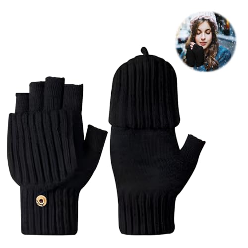 LPAMABA Halbfinger Handschuhe Damen Fingerlose Handschuhe mit Flip Top Winter Fingerfreie Convertible Handschuhe Halbe Finger Schwarz Warme Winterhandschuhe für Herren Sport Fotografie von LPAMABA