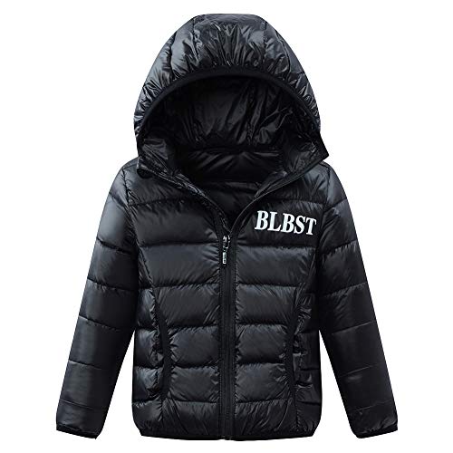 LPATTERN Kinder Jungen/Mädchen Leicht Daunenjacke Steppjacke Winterjacke Übergangsjacke gefüttert mit unabnehmbarer Kapuze, Schwarz, 134/140(Label: 140) von LPATTERN