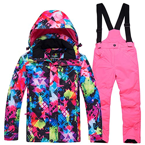 LPATTERN Kinder Jungen/Mädchen Skifahren 2 Teilig Schneeanzug Skianzug(Skijacke+ Skihose), Bunt Jacke+ Rosa Trägerhose, Gr. 140/146(Herstellergröße: XL) von LPATTERN