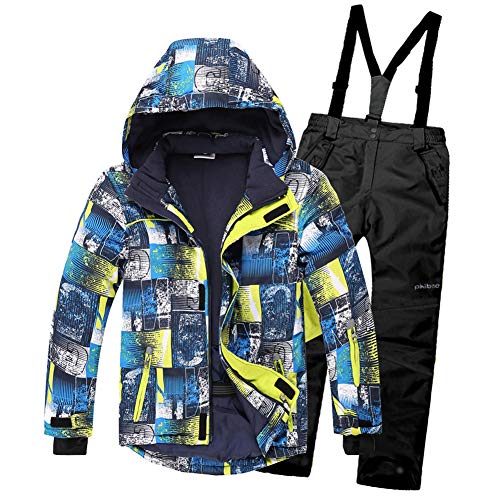 LPATTERN Kinder Jungen/Mädchen Skifahren Bekleidung 2 Teilig Schneeanzug Skianzug(Skijacke+ Skihose), Blau Gelb Jacke+ Schwarz Trägerhose, 146/152 von LPATTERN