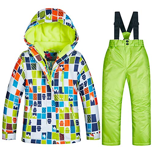 LPATTERN Kinder Jungen/Mädchen Snowboard & Skifahren Bekleidung Zweiteilig Skianzug Schneeanzug Outfit-Set Winddicht Wasserdicht (Skijacke+ Skihose mit Trägern), Jungen 1+Grün, 122-128(Label:10) von LPATTERN