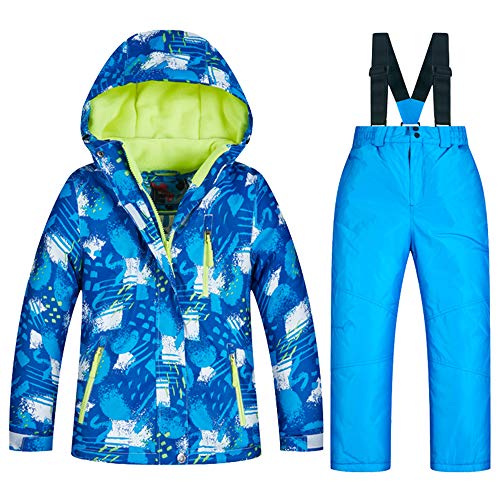 LPATTERN Kinder Jungen/Mädchen Snowboard & Skifahren Bekleidung Zweiteilig Skianzug Schneeanzug Outfit-Set Winddicht Wasserdicht (Skijacke+ Skihose mit Trägern), Jungen 4+Blau, 152-158(Label:16) von LPATTERN