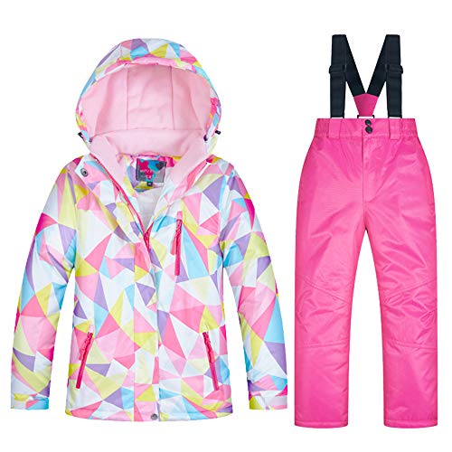 LPATTERN Kinder Jungen/Mädchen Snowboard & Skifahren Bekleidung Zweiteilig Skianzug Schneeanzug Outfit-Set Winddicht Wasserdicht (Skijacke+ Skihose mit Trägern), Mädchen 3+Rosa, 122-128(Label:10) von LPATTERN
