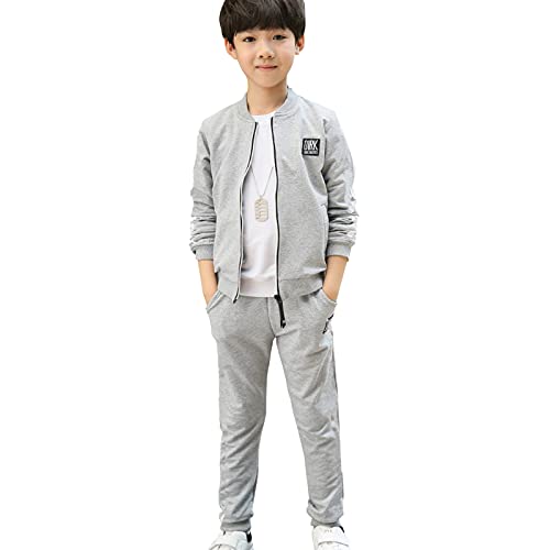 LPATTERN Kinder Jungen Frühling & Herbst 2tlg Bekleidungsset Zweiteiler Sportanzug Trainingsanzug Jogginganzug Freizeitanzug Outfit-Set(Trainingsjacke+ Trainingshose), Grau, 110-116(Label:120) von LPATTERN