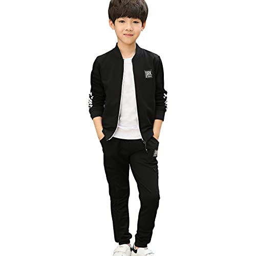 LPATTERN Kinder Jungen Frühling & Herbst 2tlg Bekleidungsset Zweiteiler Sportanzug Trainingsanzug Jogginganzug Freizeitanzug Outfit-Set(Trainingsjacke+ Trainingshose), Schwarz, 122-128(Label:130) von LPATTERN